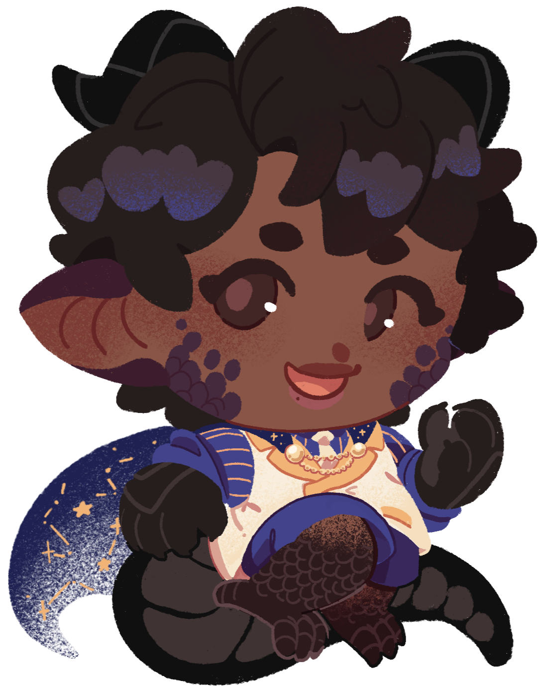 half-dragon guy with freckles and pointy ears (art by miezew)